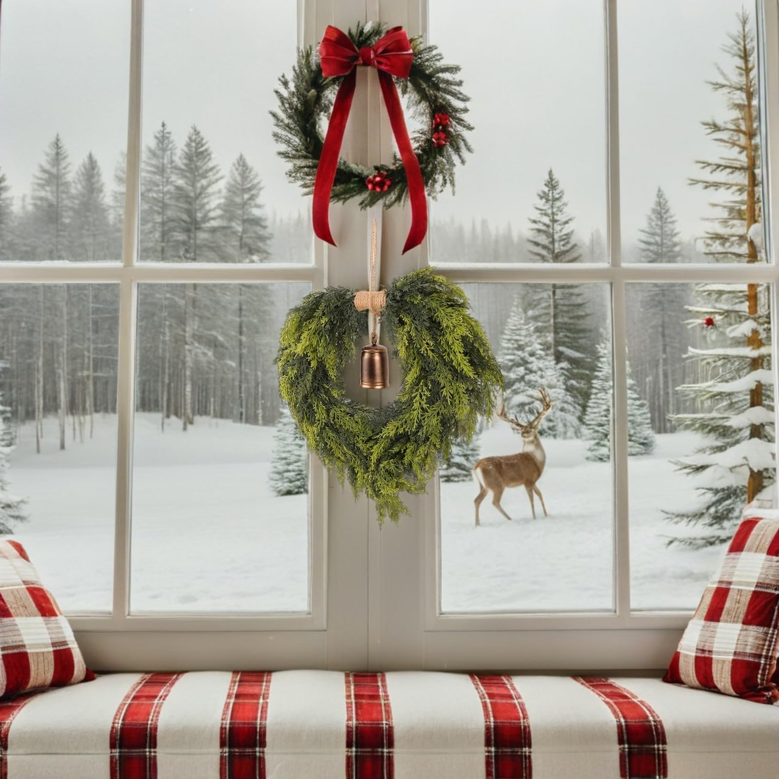 YARNOW Couronne de Noël de Cœur avec Cloches, Guirlande en Pin Artificiel Vert, Décor Réutilisable et Facile à Ranger pour Cheminée et Extérieur