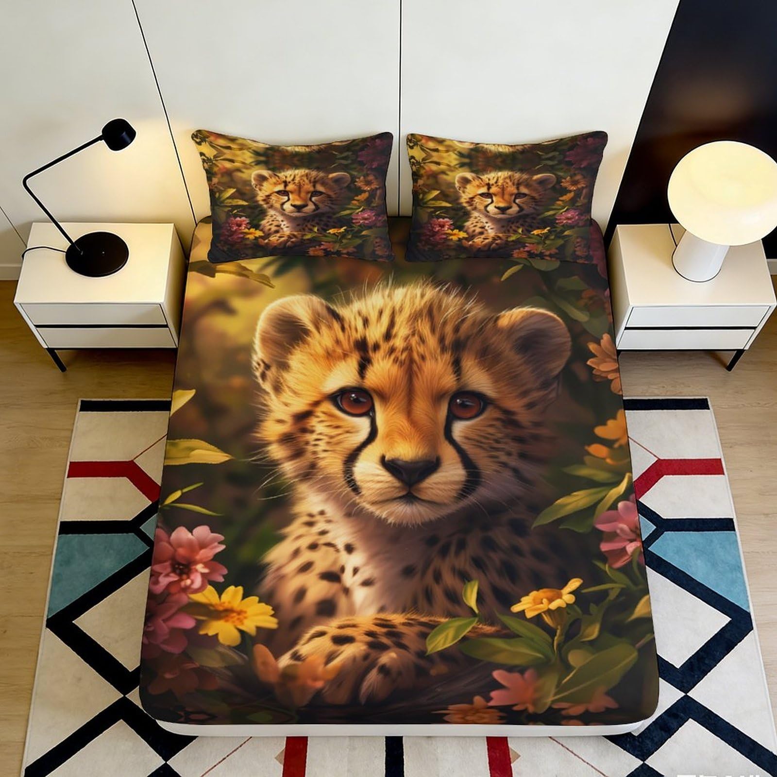 3D Printed Cheetah Cub Floral Fitted Sheet Microfiber Soft Anti-Slip Bed Cover for Bedroom Guest Room Mattress Protection Decor 90x200x25cm