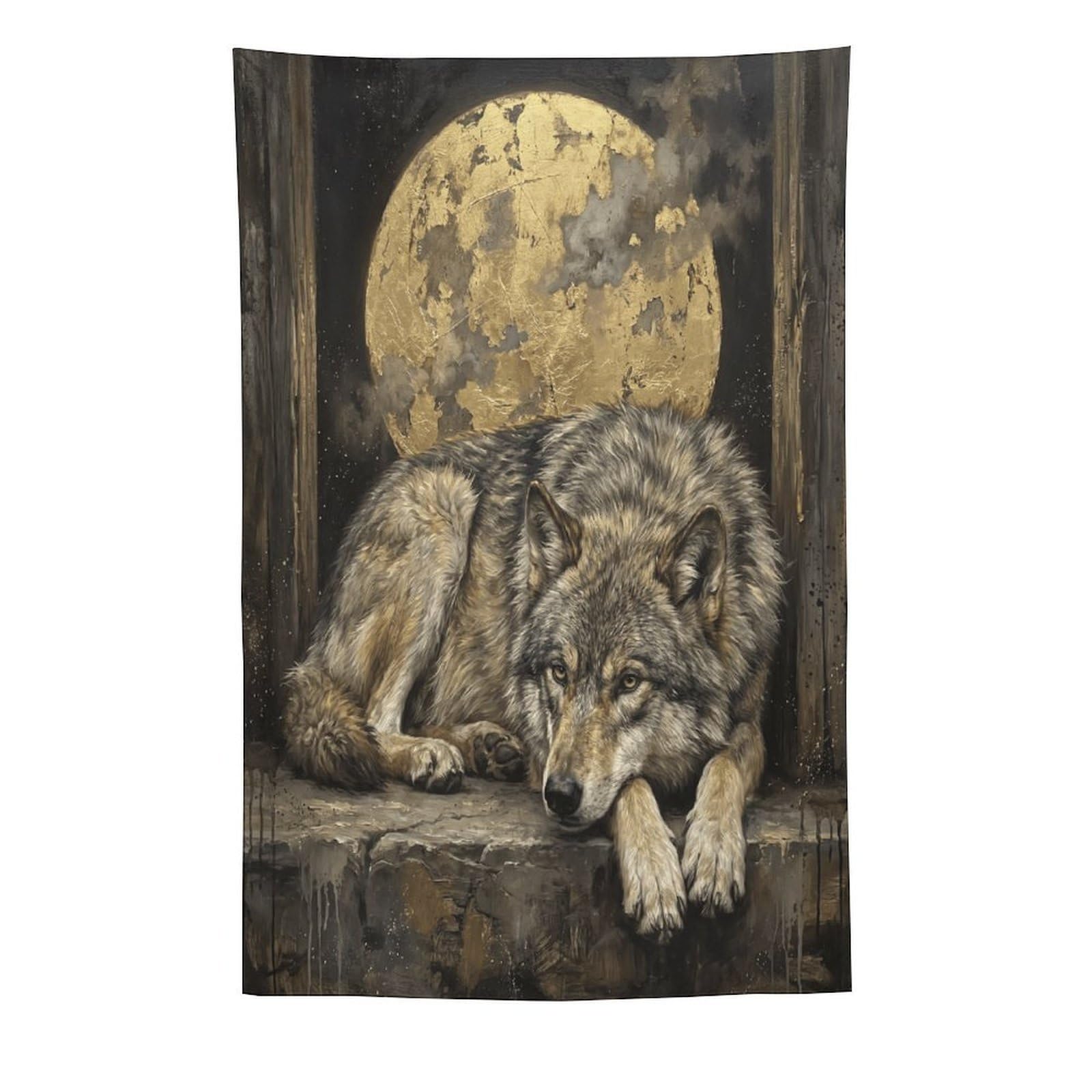 W7C8U2X3 Resting Wolf Full Moon Wall Tapestry, Realistic Illustration