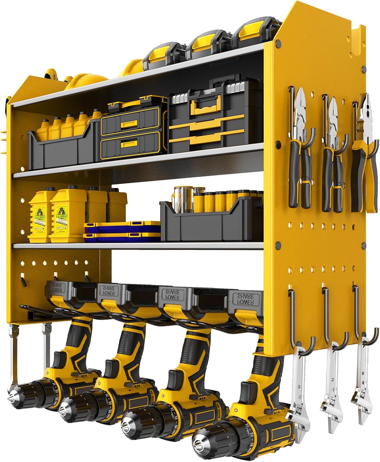 Power Tool Organizer Rack for Home Tool Storage, 4 Tier Wall Organizer for Drills, Tool Battery Storage, Utility Holder Wall Mountr with Hooks,Yellow