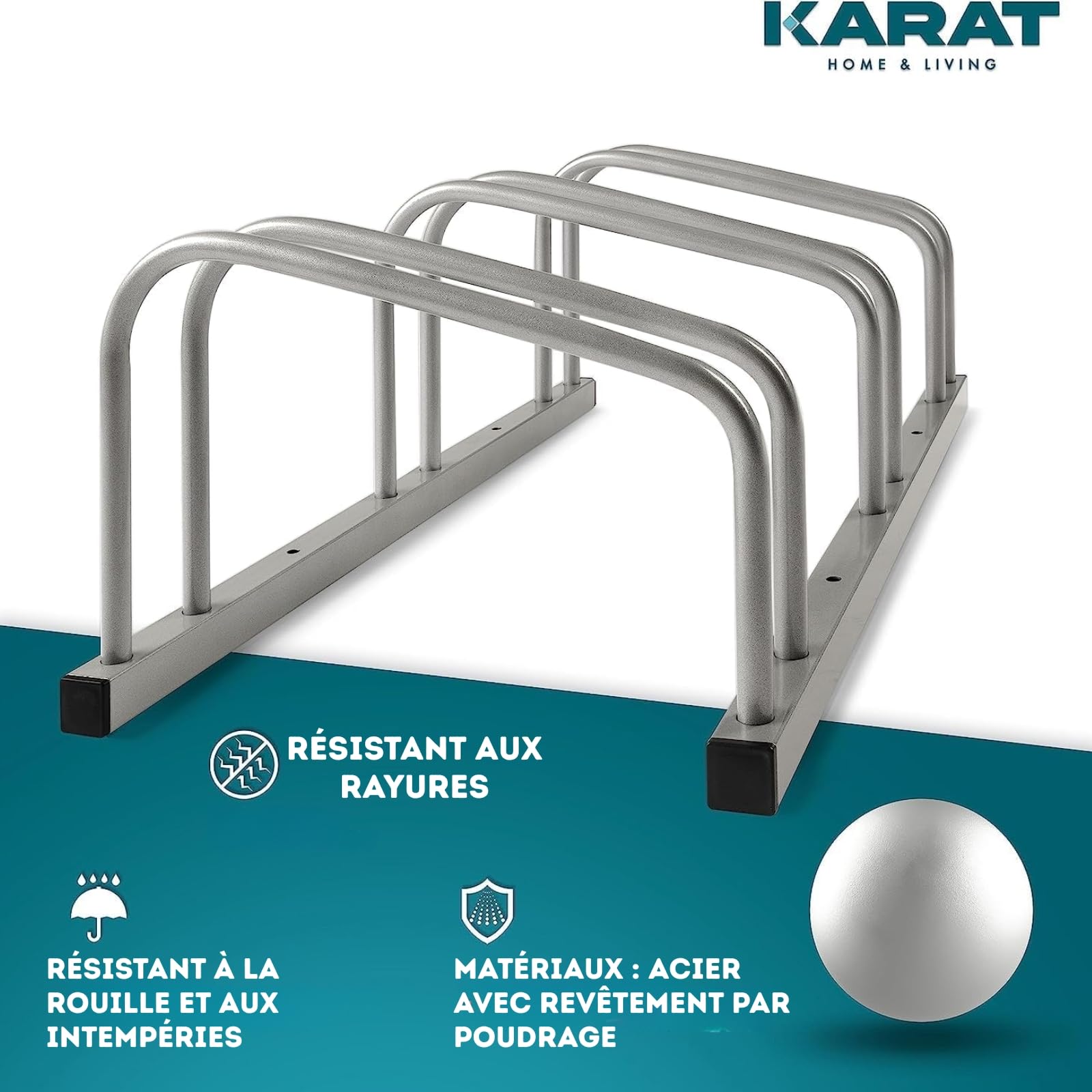 KARAT Rastrelliere per bicicletta in acciaio inox Linus per fino a 6 biciclette con pneumatici fino a 55 mm di larghezza, montaggio a terra o a parete, parcheggio per biciclette per esterni (argento
