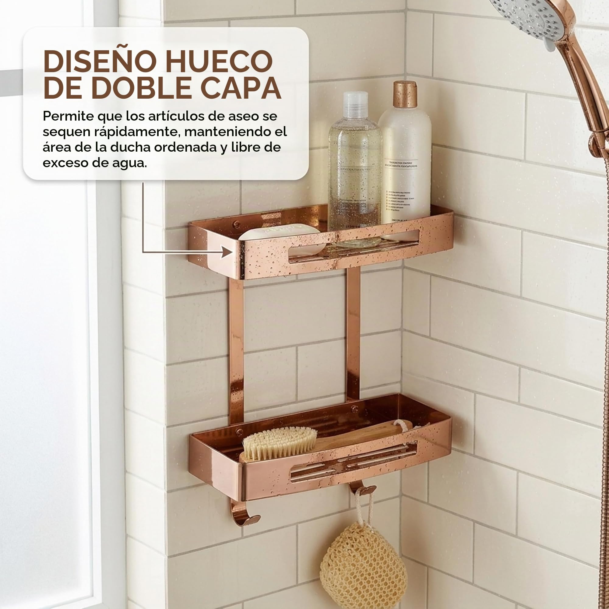 Estante esquinero de baño adhesivo de acero inoxidable, sin taladro, estante de pared para ducha de doble nivel para baño con ganchos (oro rosa)