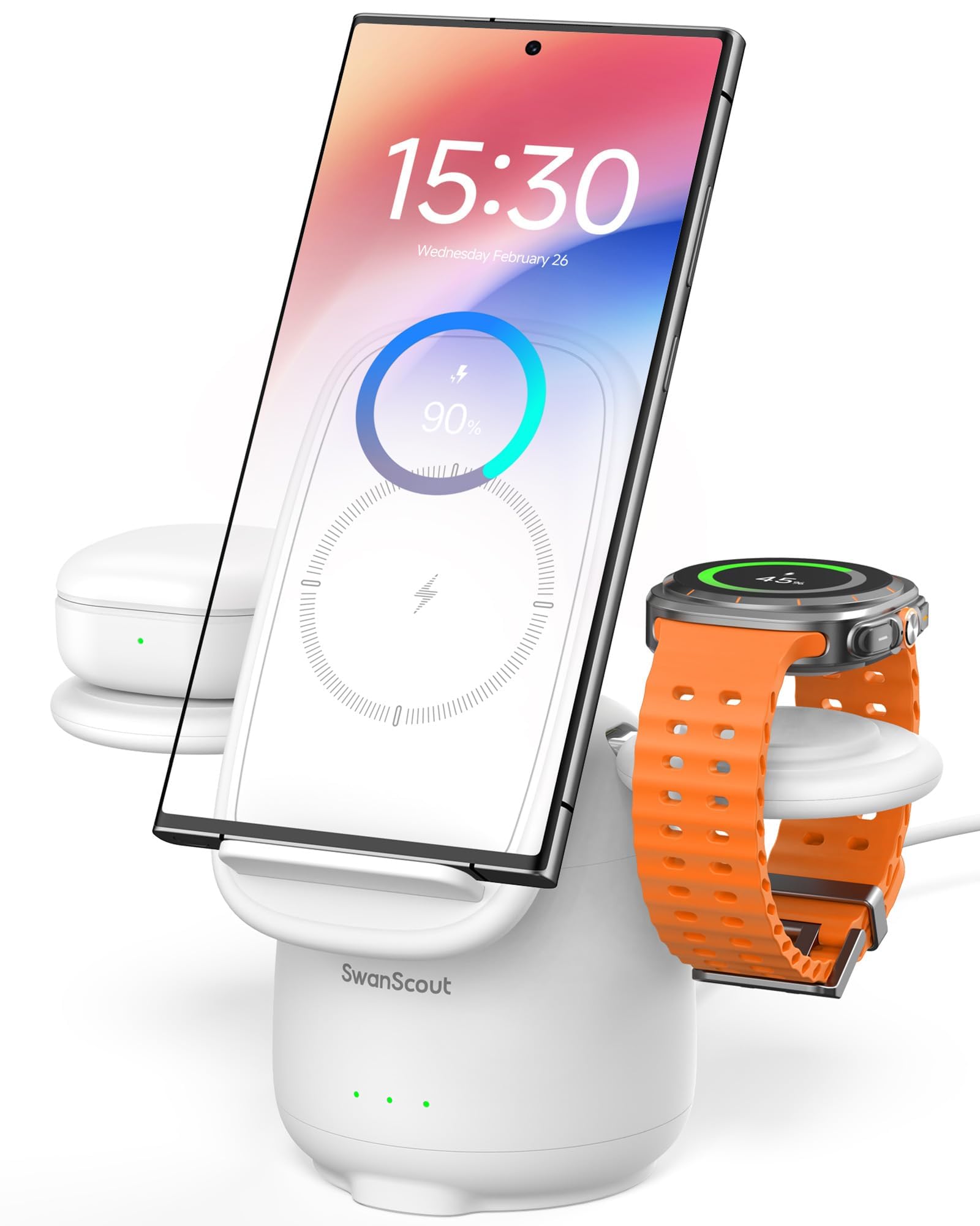 SwanScout Wireless Charger for Samsung Galaxy S25, 3 in 1 Charging Station for Galaxy S25/S24/S23/S22/Z Flip/Fold, for Galaxy Watch7/Ultra/6/5, Galaxy Buds 3/Pro, SwanScout 707S (No Adapter)