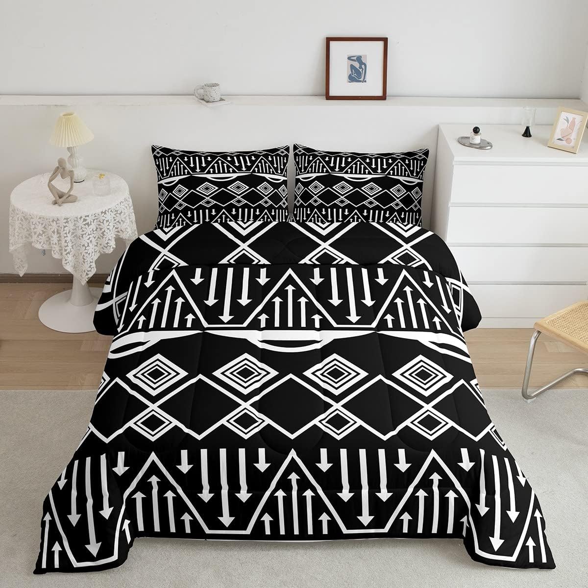 Boho Aztec Bedding Set Queen Size Black and White Comforter Set Exotic Morden