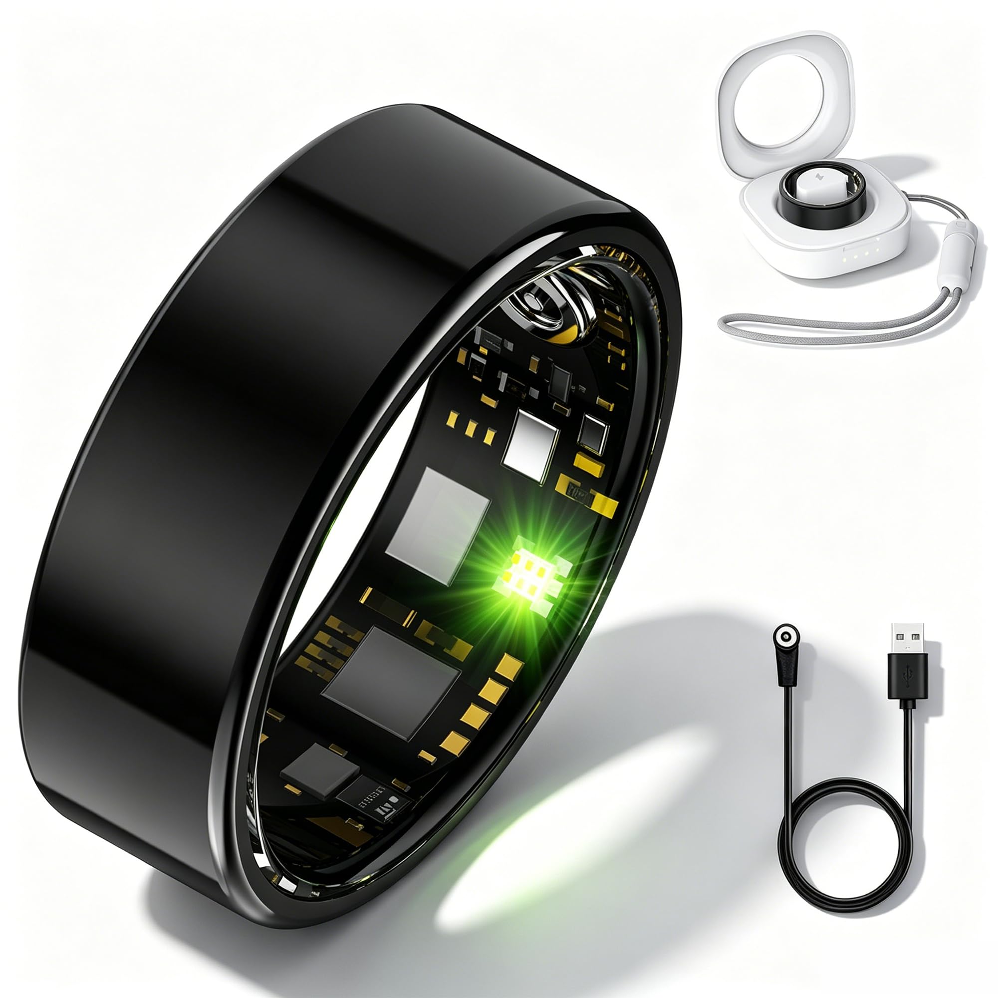 Smart Ring Moniteur de fitness et de santé pour homme et femme, moniteur de pas d'exercice du sommeil, étanchéité IP68, pas de frais d'abonnement, compatible avec iOS Android (noir, 7#)
