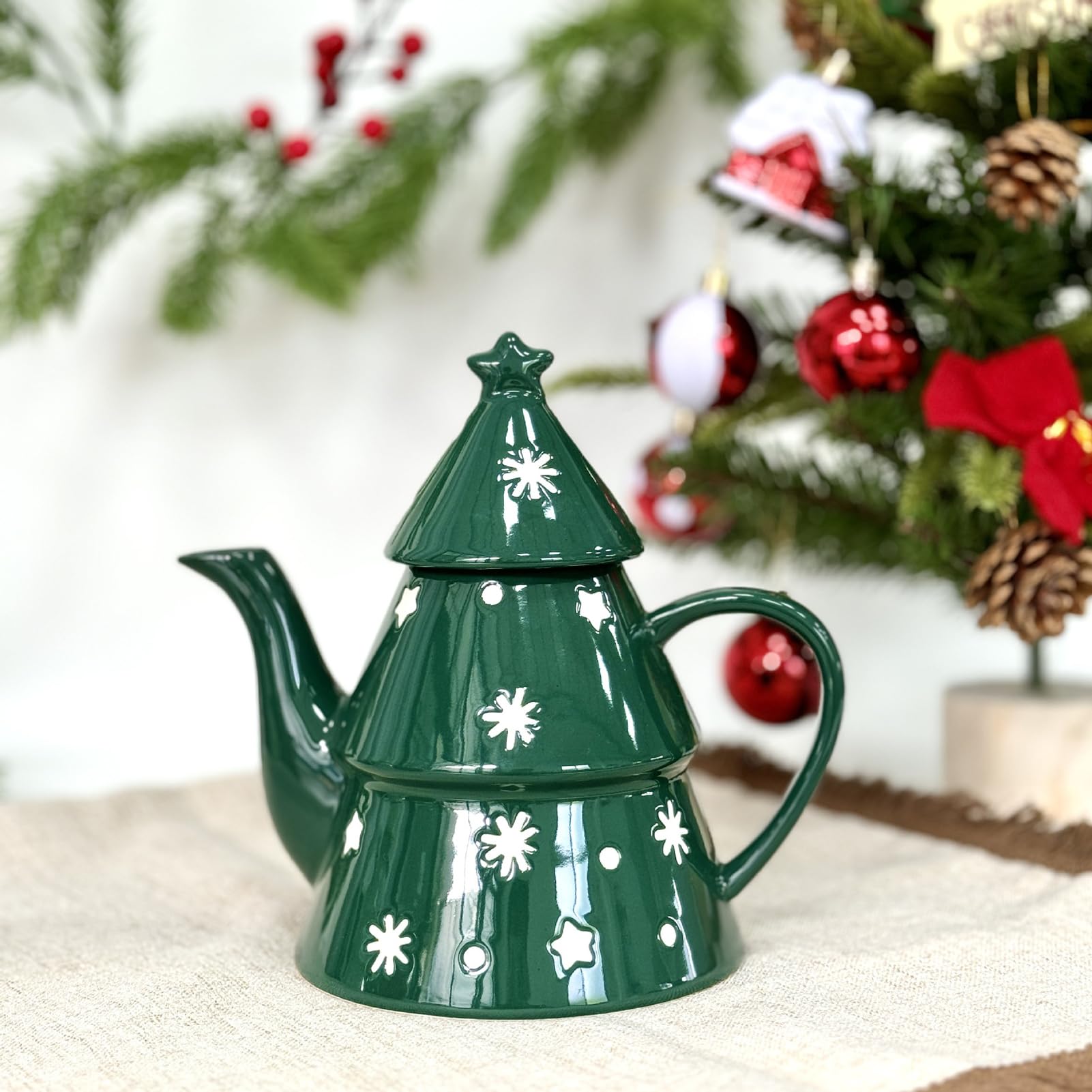 Teekanne Weihnachten, Porzellan Weihnachtsdekorationen, Keramik Weihnachtskanne Kaffee Tee, 820 Ml Süße Weihnachten Kaffeetasse, Kaffeekanne Mit Weihnachtsbaum Perfekt Für Tee Und Kaffee (A)