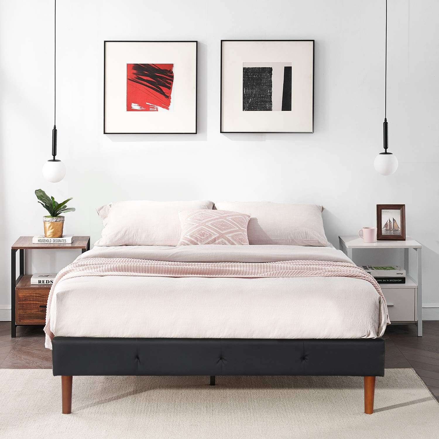 VECELO Premium Faux Leather Platform Bed Frame/Mattress Foundation/No Box Spring Needed/Strong Wood Slat Support Black (Full), Upholstered Pub