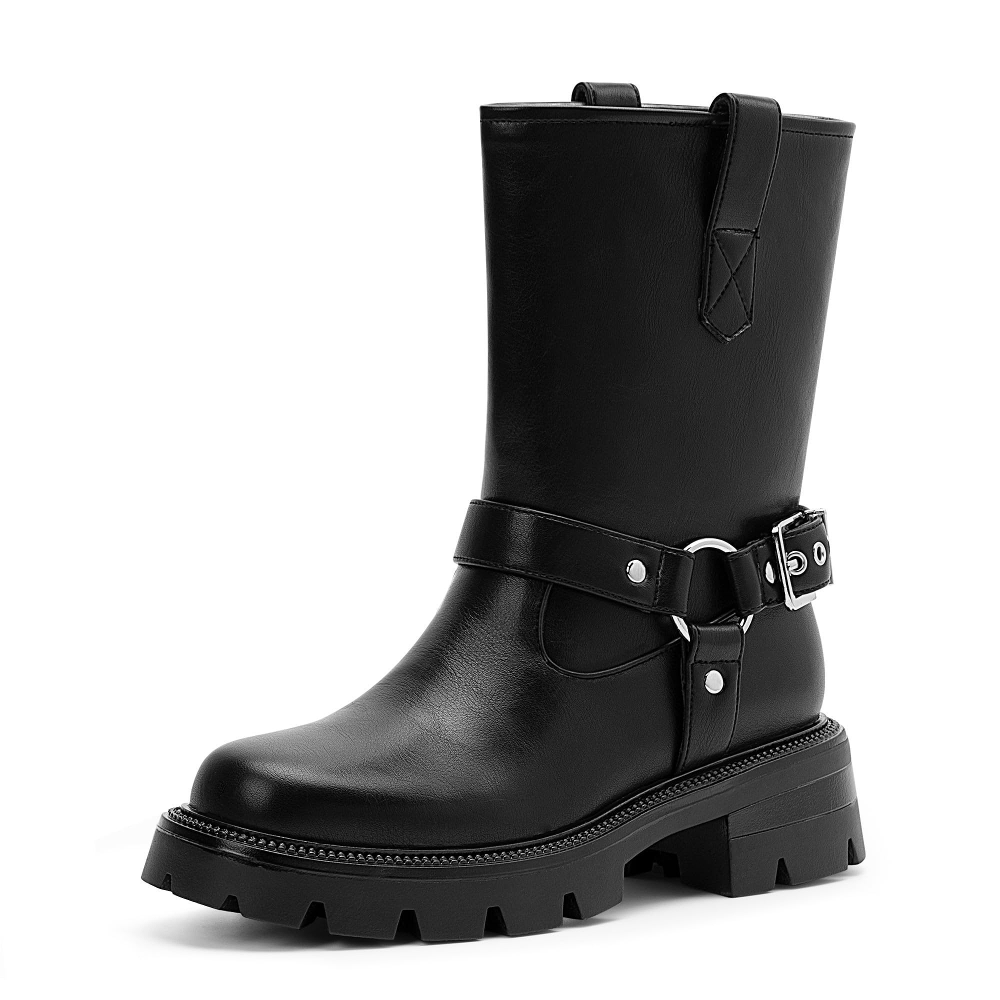 yowmns Women's Chunky Heel Round Toe Mid Calf Boots Buckle Strap Platform Biker Boots