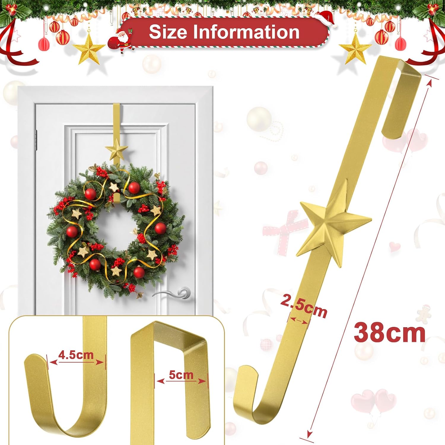 3 Pcs Christmas Wreath Hanger for Front Door, 15 Inch Over The Door Metal Wreath Hook Snowflake Decorative Hanging Hooks for Halloween Christmas Easter Party Décor (Gold)