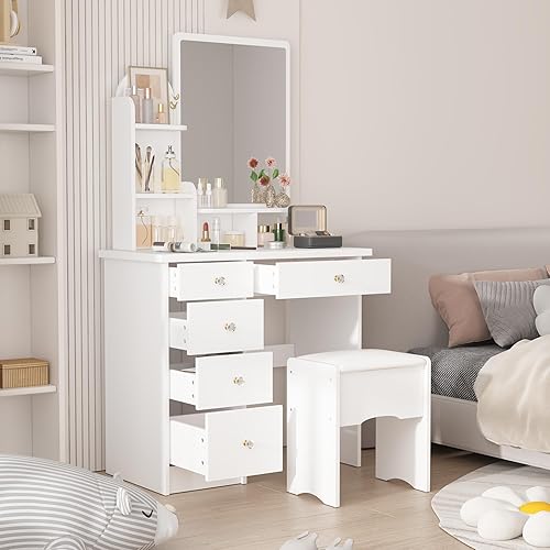 Miniatura 9 de AIEGLE Juego de escritorio grande con espejo redondo transparente, tocador de maquillaje con estantes y taburete acolchado, juego de escritorio de