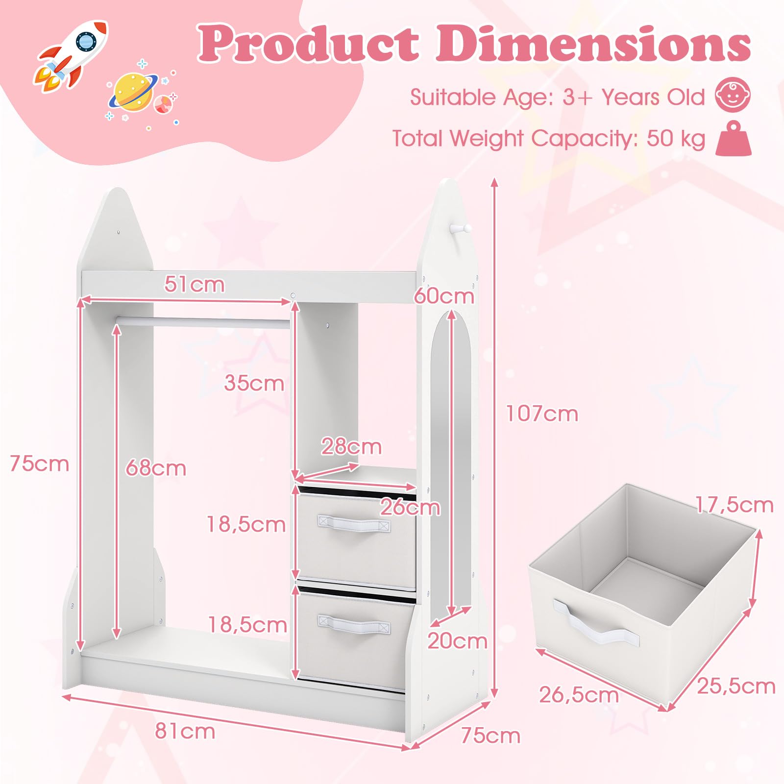 FANTASK Kinderkleiderschrank mit Stoffschubladen, 81 x 38 x 107 cm, Kindergarderobe mit Spiegel & Kleiderstange, Kinder Kleiderständer aus Holz für Kinderzimmer (Weiß)