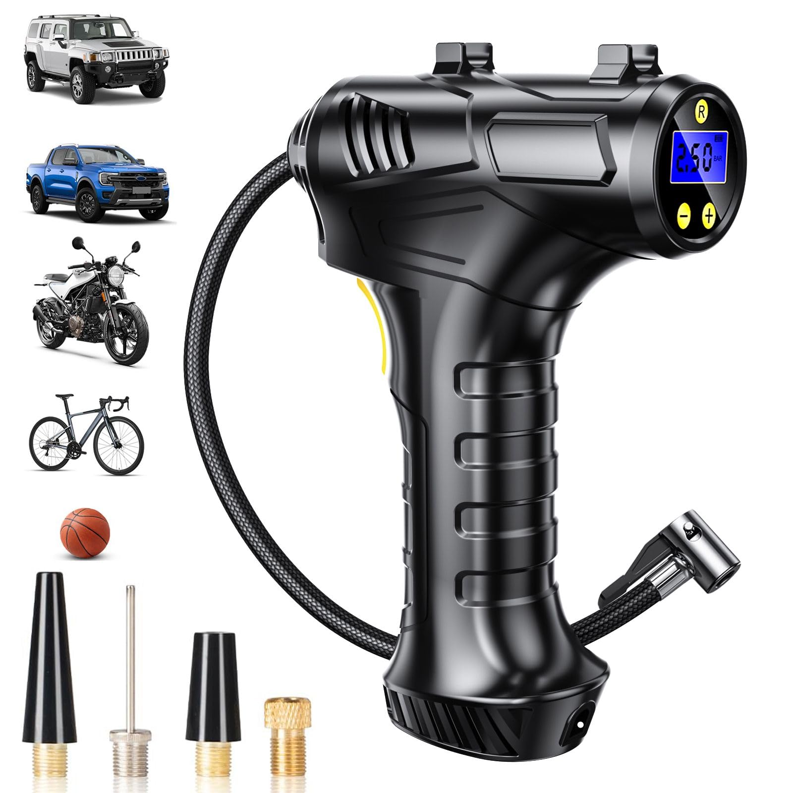 Compressore d'aria portatile senza fili, 12 V, portatile, 5200 mAh, ricaricabile, 150 psi, pompa ad aria elettrica digitale per auto, con luce LED e 4 ugelli, per auto, moto, bicicletta