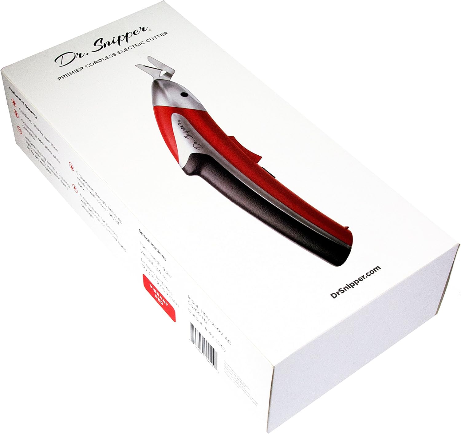 Dr. Snipper Cordless Electric Scissors, 8.4V Lithium-Powered Cutter for Fabric, Paper, Cardboard and Blister Packs. (Vibrant Red)
