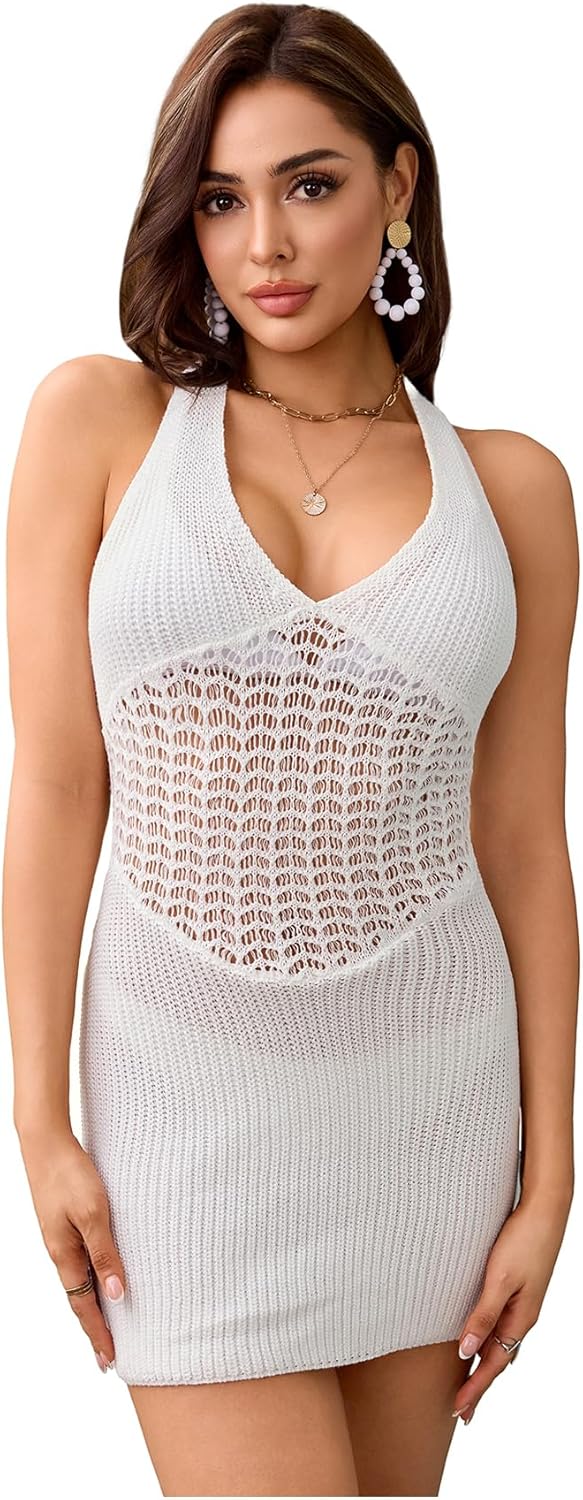 GORGLITTER Women's Crochet Dresses Sexy Hollow Out Tie Backless Sleeveless Bodycon Sundress