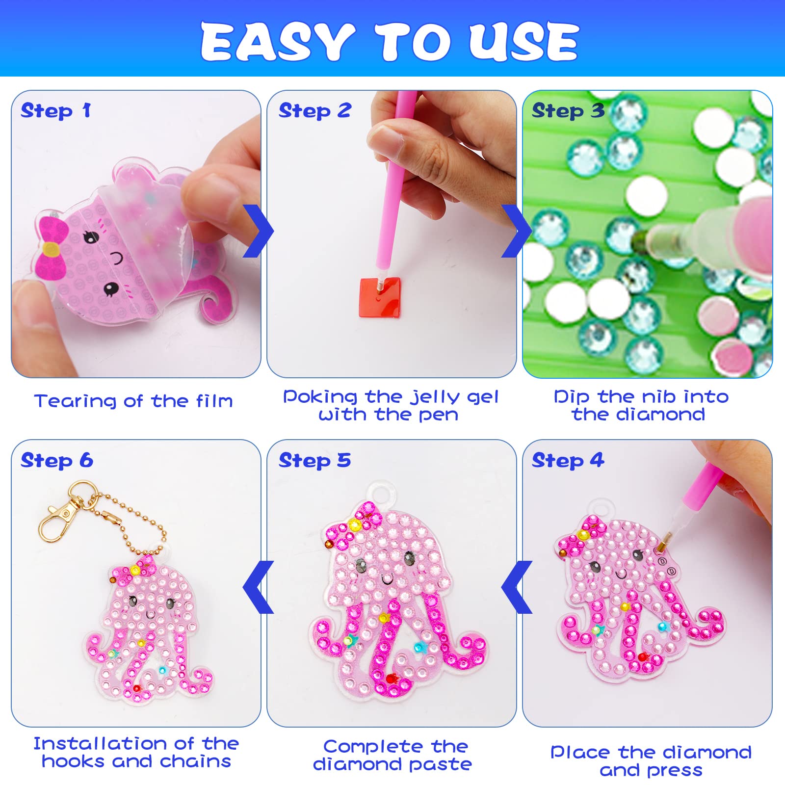 Kit 5D Diamond Painting Portachiavi Per Bambini - 15 Pezzi Con Motivi Sirena E Unicorno - Foto 7