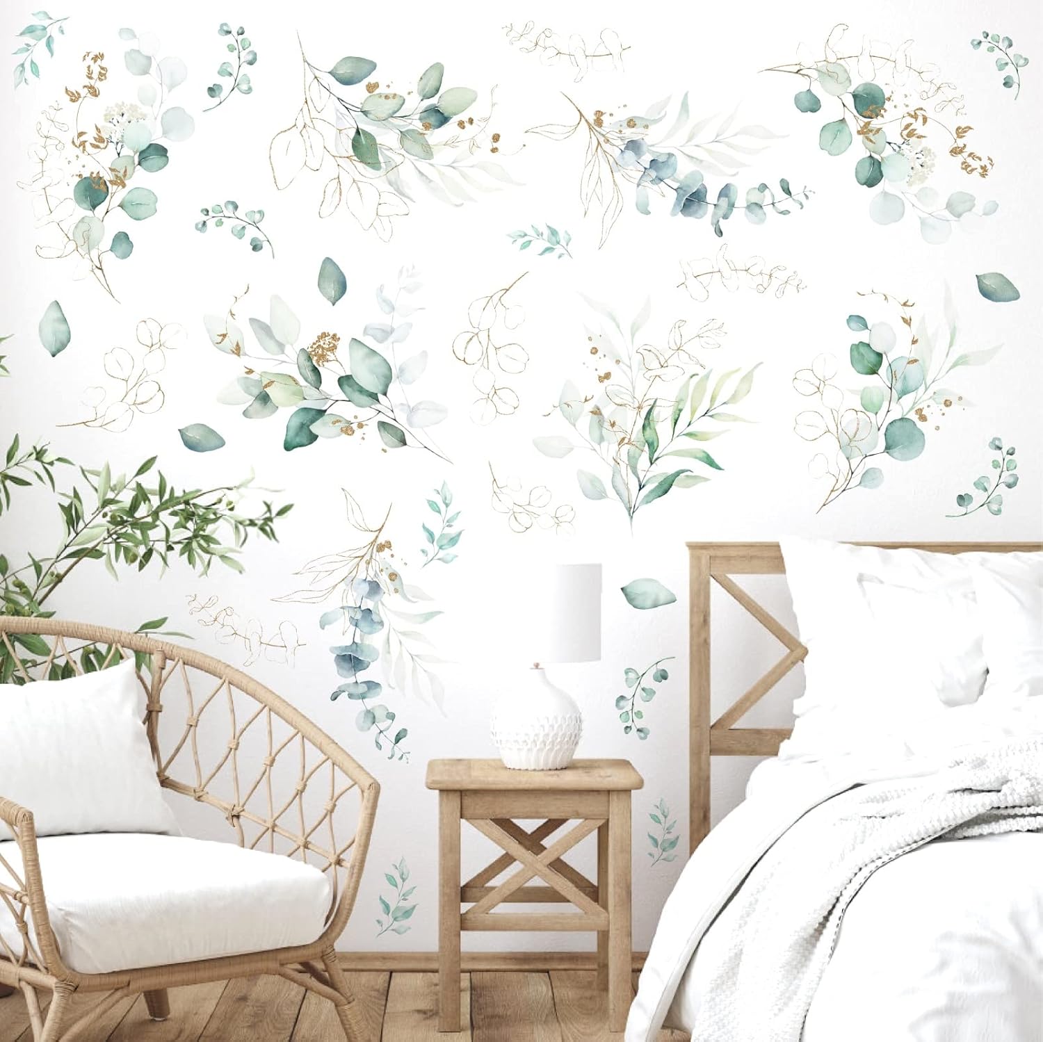 Green Leaves Wall Decals Modern Gold Leaves Wall Stickers for Living Room Spring Vine Wall Decal Peel and Stick Botanical Plant Art Sticker Eucalyptus Leaf Wallpaper for Bedroom Kitchen Bathroom Decor