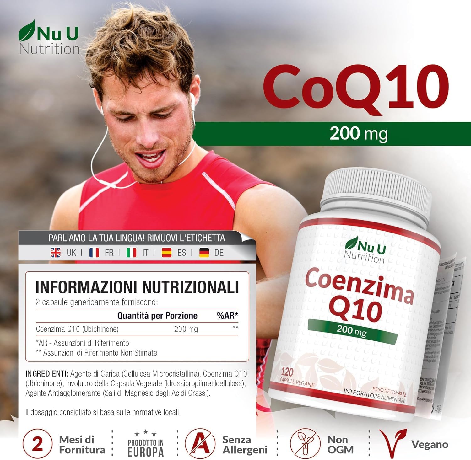 Coenzima Q10 200mg - 120 Capsule Vegane - 2 Mesi di Durata - 100mg di CoQ10 per Capsula - 100% Ubiquinone Puro Fermentato Naturalmente - Prodotto in Europa - Nu U Nutrition