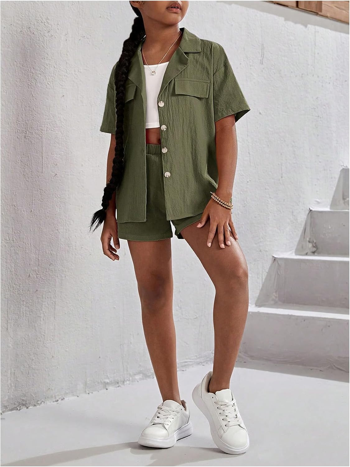 Verdusa Girl's 2 Piece Outfit Button Up Short Sleeve Shirt and Short Sets