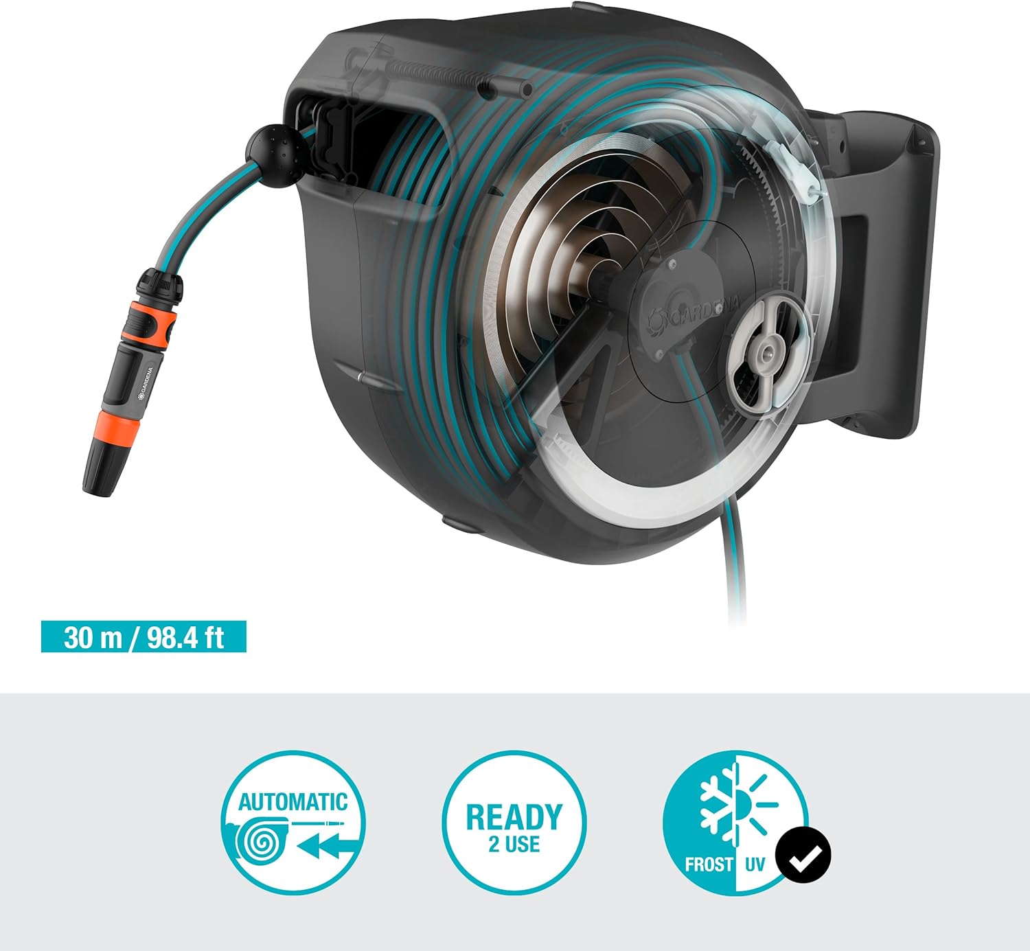 Gardena Wall-Mounted Hose Box Rollup L (White) 30 m: Versatile Watering System for Large Gardens, Swivel Hose Box, Including 30 m Gardena Hose and mounting kit (18627-20)