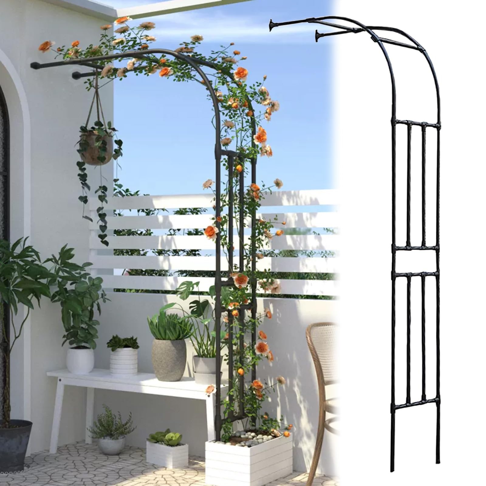 Arco Per Rose In Metallico Con Porta E Vasi - Traliccio Decorativo 202x50x220 Cm Nero - Foto 9