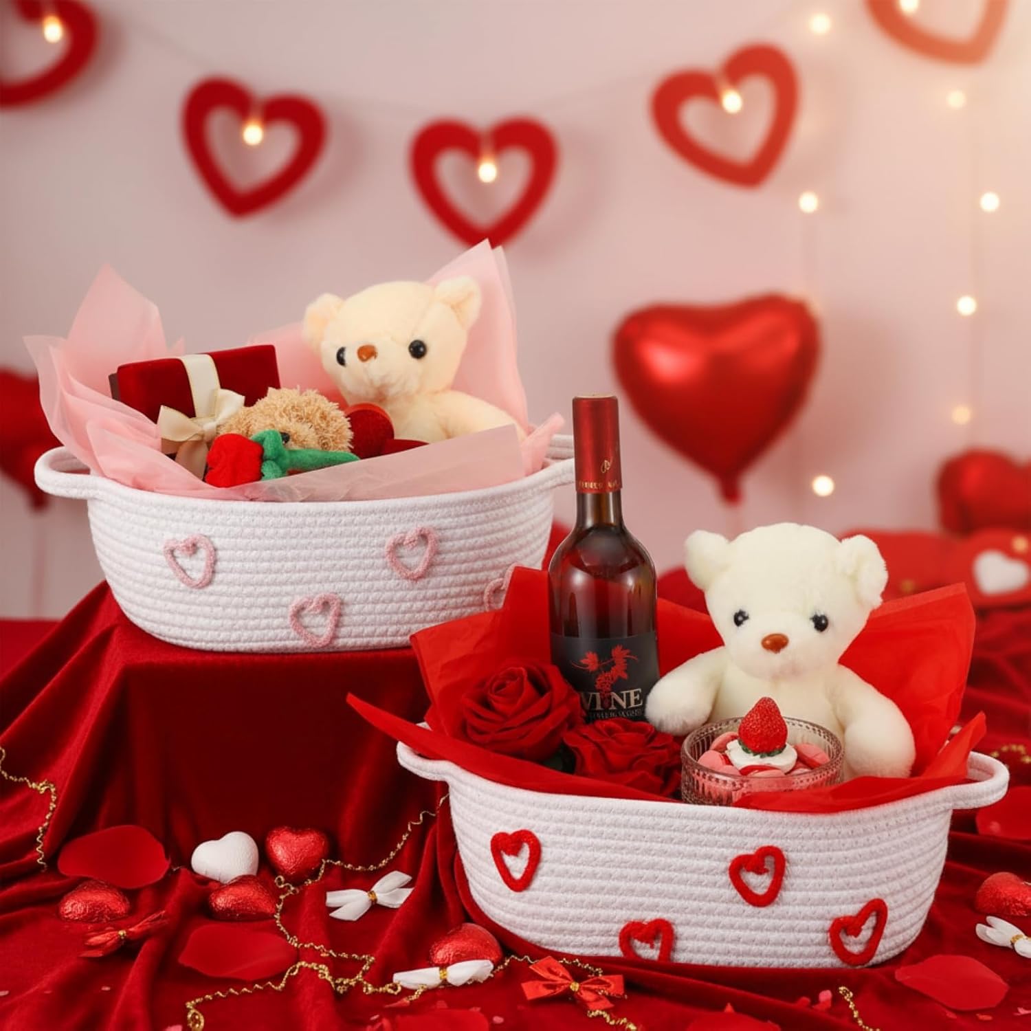 Bucherry 2 Sets Valentine's Day Gift Basket Set with Handles Include 2 Decorative Rope Woven Gift Basket Storage Organizer Cube and Tissue Papers for Anniversary Party Supplies(Heart Style,White)