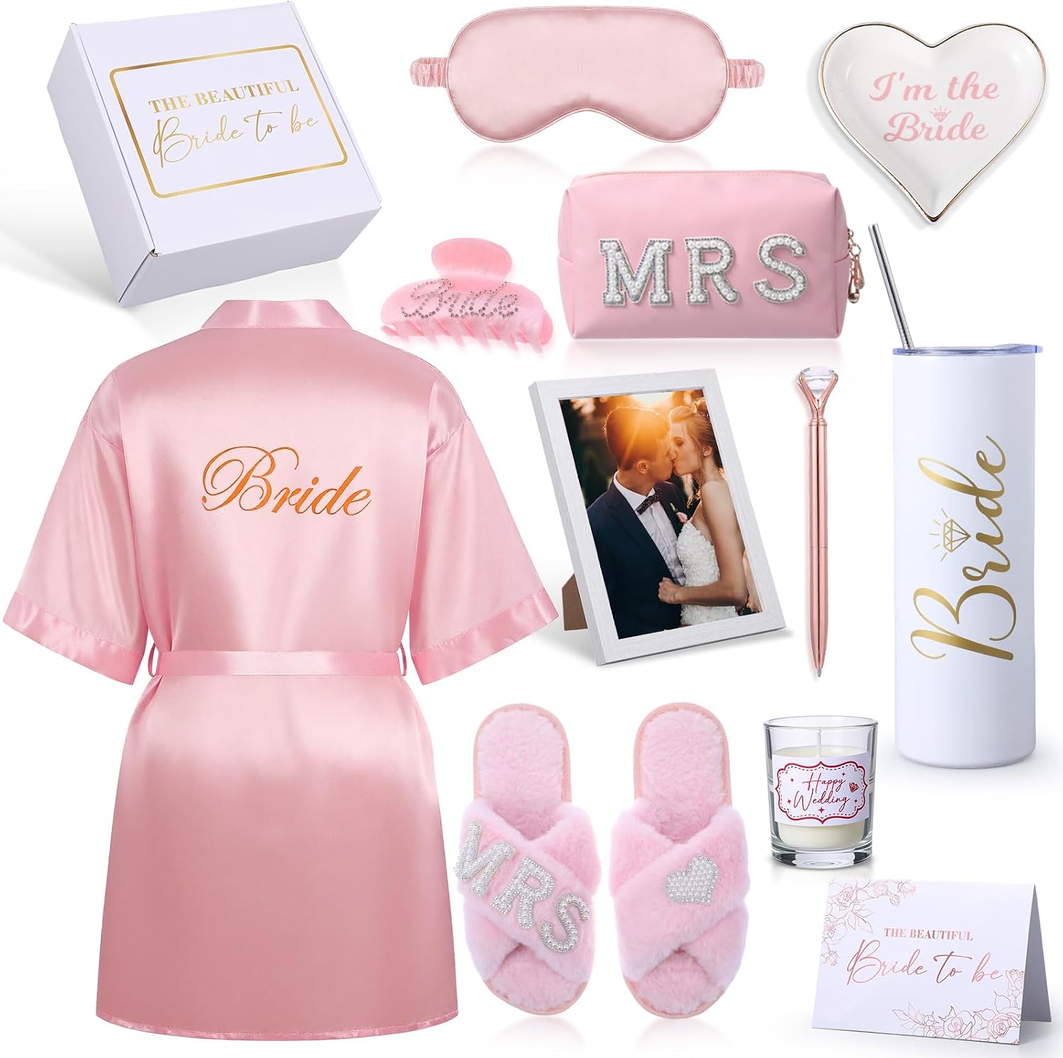 12 Pieces Bride To Be Gifts Set Bride Robe Slippers Hair Clip Cosmetic Bag Gift Box Cup Photo Jewelry Pen Eye Mask