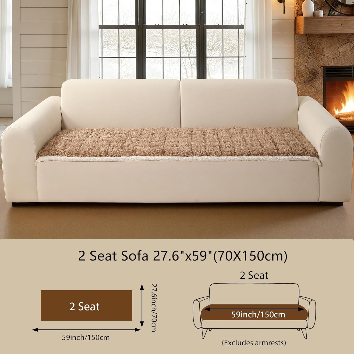 OHSIO Couch Cover for Pets, Washable Non-Slip Sofa Cover Pet Friendly, Soft Fuzzy Teddy Fleece Sofa Slipcover for 2 Cushion Sofa Furniture Protector (Light Brown, 27.6" x 59")