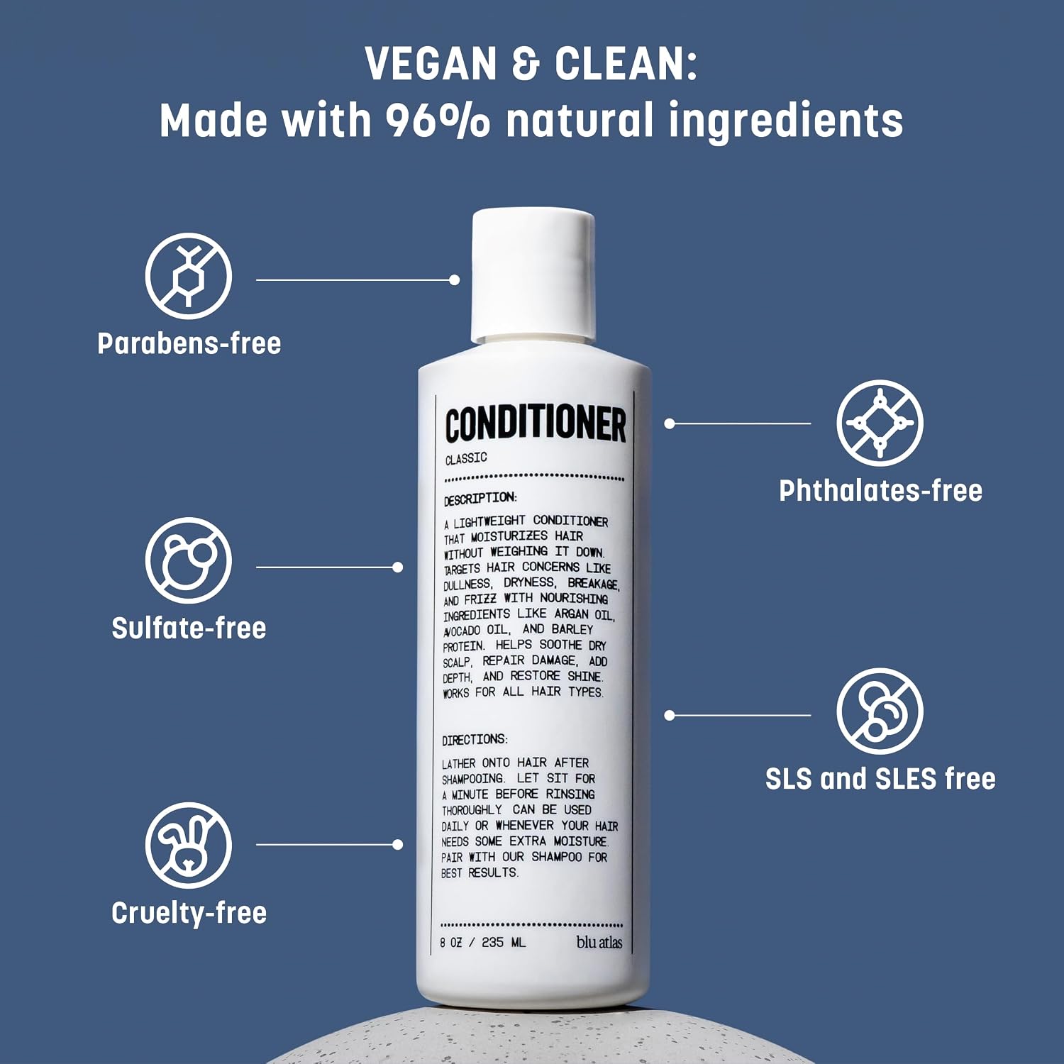 Blu Atlas Men's Shampoo and Conditioner - Classic Scent - Gentle Cleansing, Hydrating Shampoo for Volume, All Hair Types - 8 oz Bottle