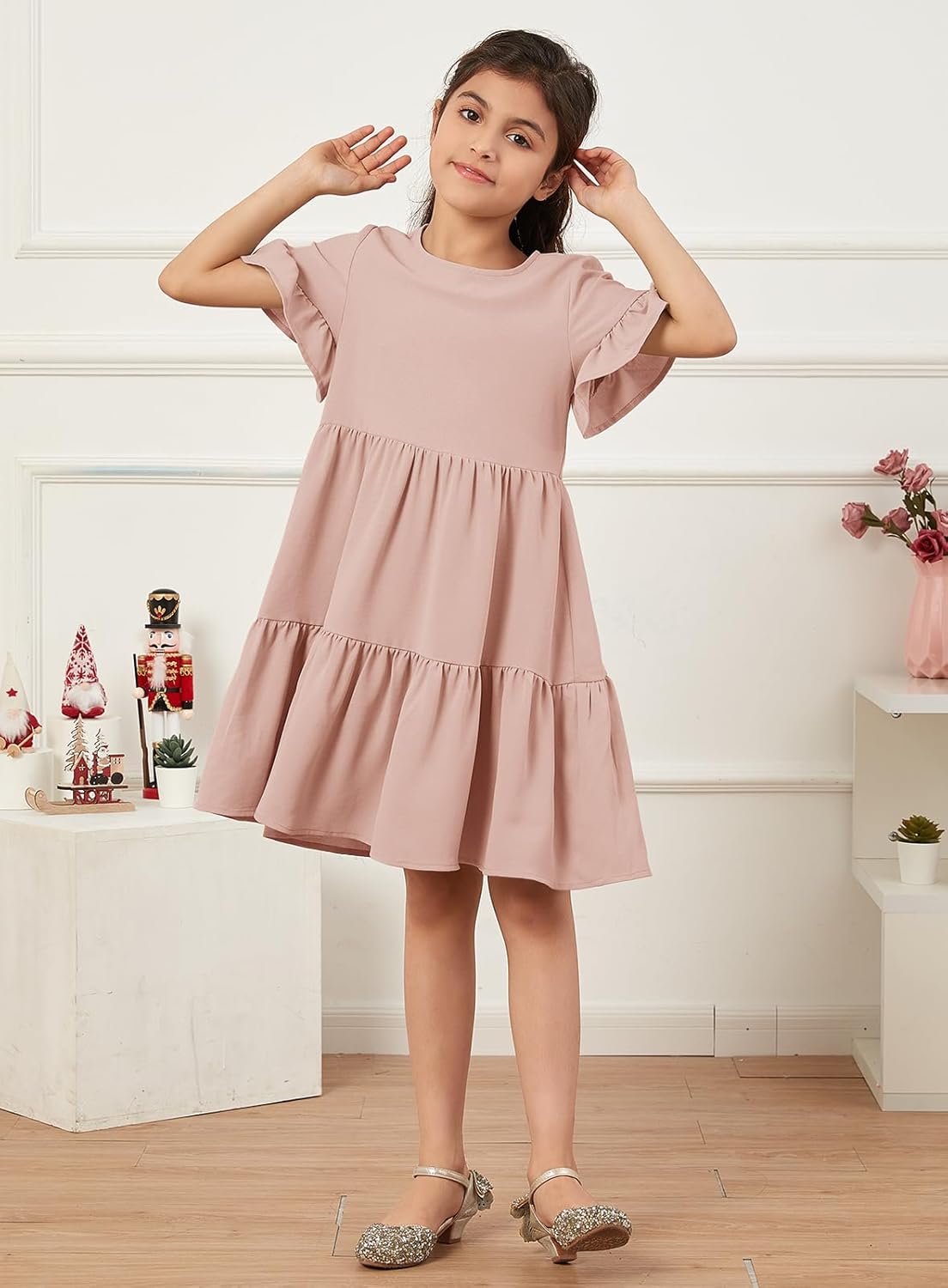Geckatte Girls Dresses Summer Casual Floral Print Ruffle Short Sleeve Tiered Pleated Kids A-Line T-Shirt Dress Size 5-14 - Image 2