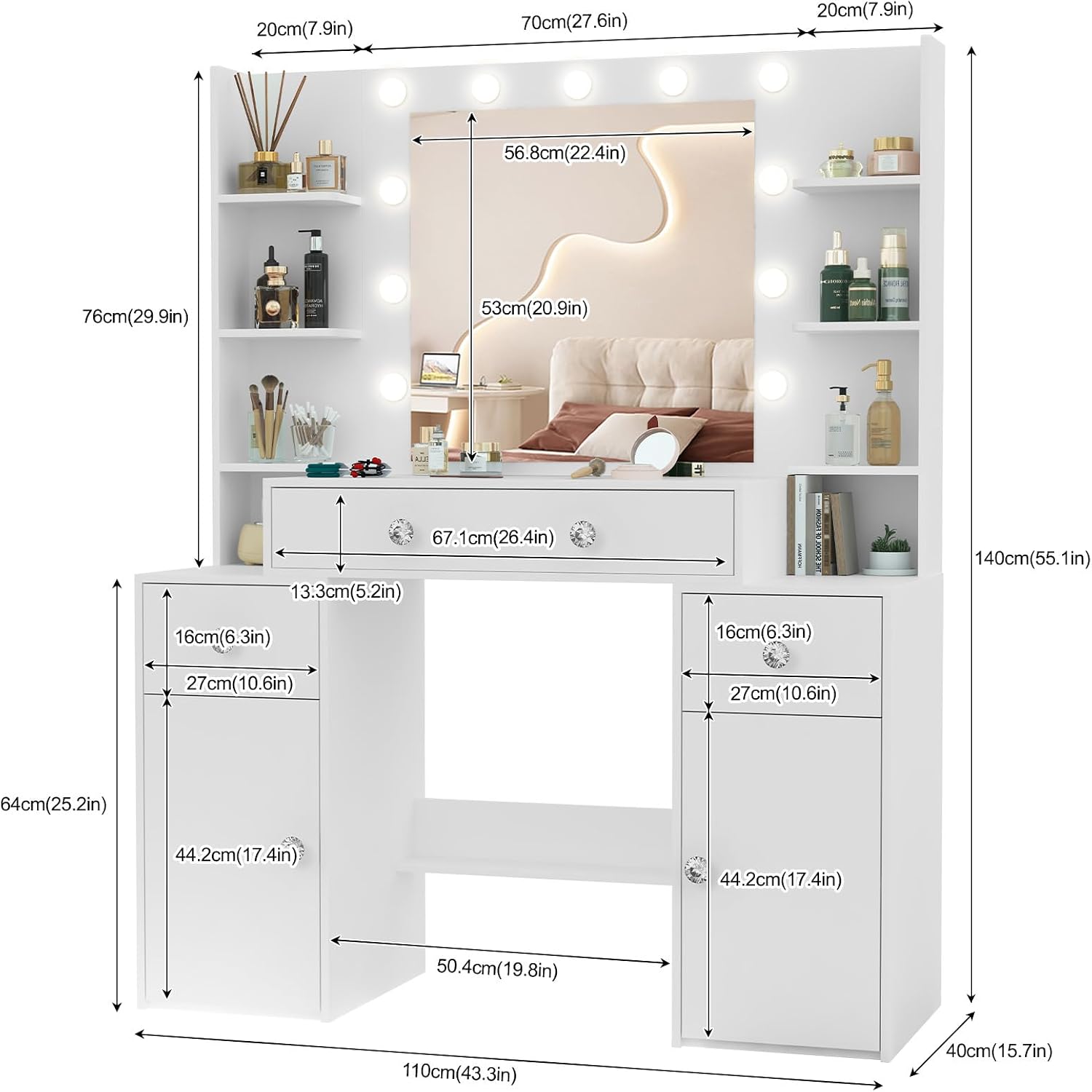 White Vanity Desk with Lights,Makeup Vanity with LED Mirror with 3 Drawers 8 Shelves 2 Cabinet,3 Modes Light Adjustable for Bedroom,43.3" L*15.8" W*55.2" H.