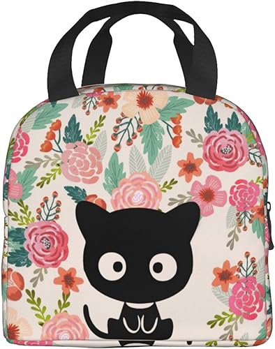 Miniatura 1 de Bolsa de almuerzo con diseño de flores de gato negro para hombres y mujeres, pequeña lonchera aislada, reutilizable, portátil, bolsas de mano para