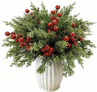 55 Pcs Christmas Artificial Pine Branches with Red Berry Stems, Lifelike Faux Green Cedar Sprigs Branches, Fake Greenery Pine Needles for DIY Wreaths, Garlands, Xmas Decorations (55PCS)
