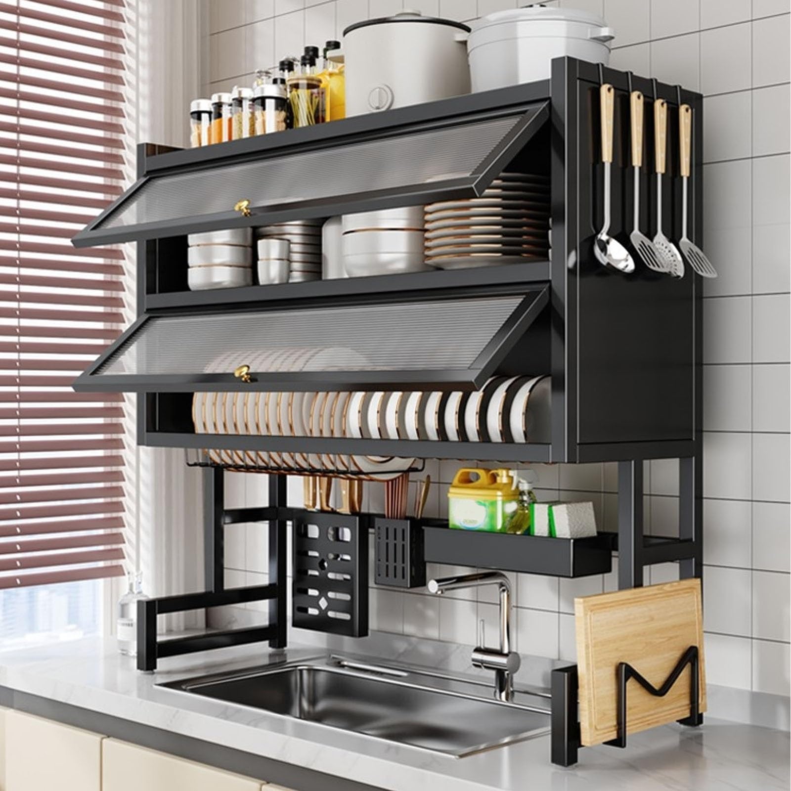Platzsparender Geschirrabtropfständer über der Spüle mit Abdeckung, großer Abtropfständer für Geschirr, Gläser, Schalen, Besteck, hält die Küchenspüle organisiert(Black,105cm)