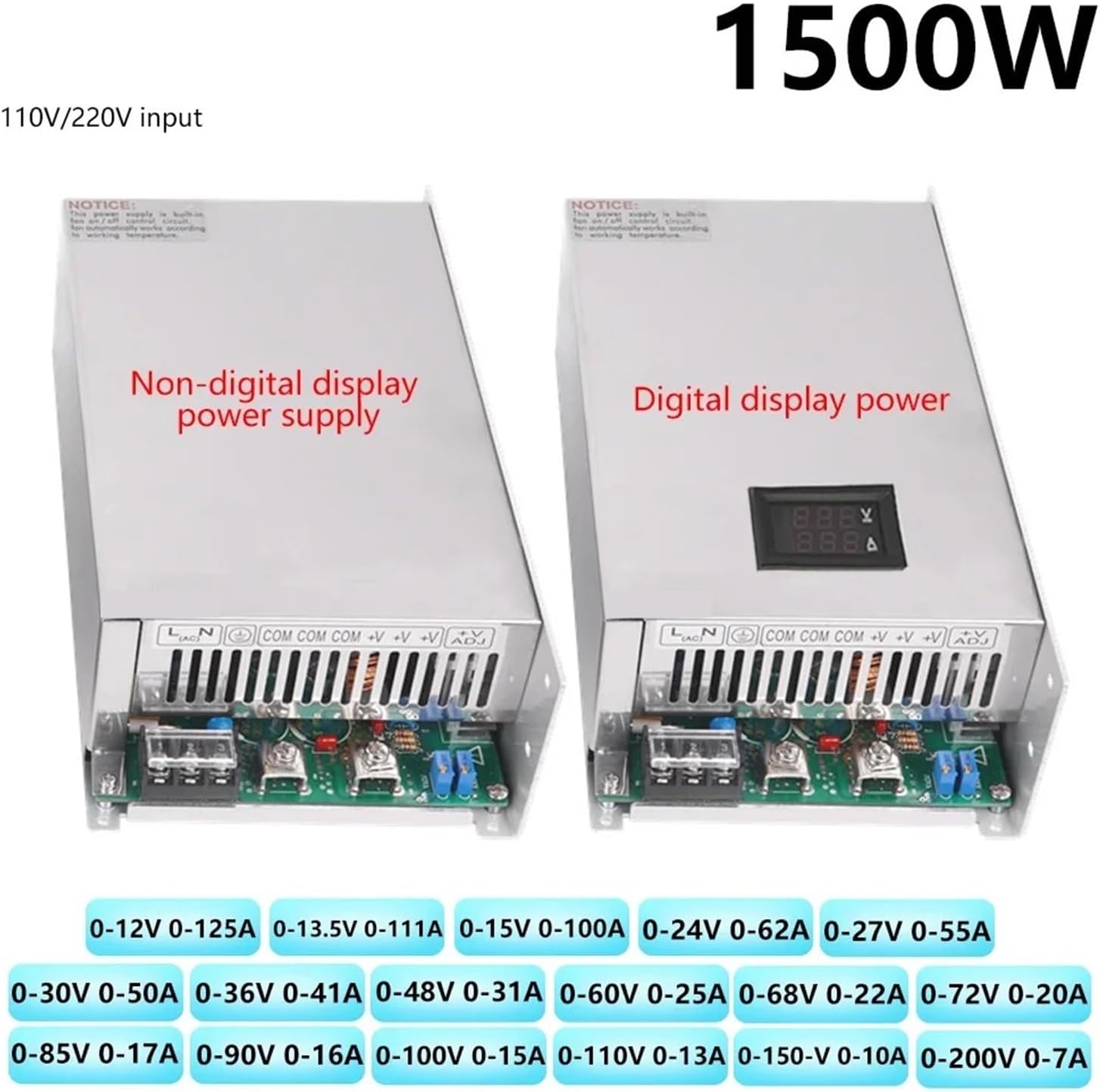 1500W 調整可能電源 0-12V 15V 24V 27V 30V 36V 48V 60V 68V 72V 85V