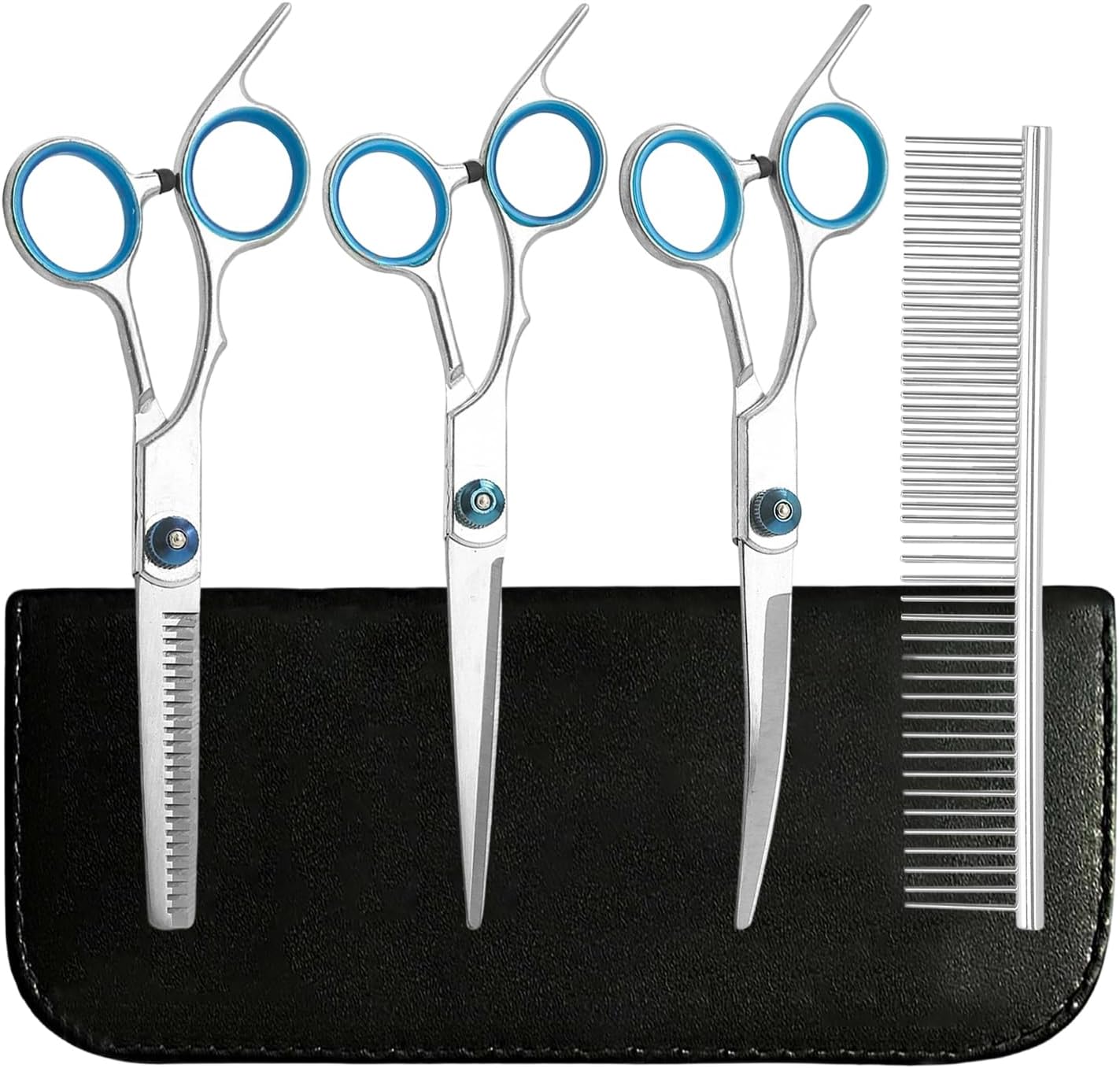 Dog Scissors for Grooming 3 Pieces Professional Pet Shears with Comb | Stainless Steel Straight Curved Thinning Dog Hair Scissors for Cat Puppy Home Face Paw Ear Care Haircut Beauty