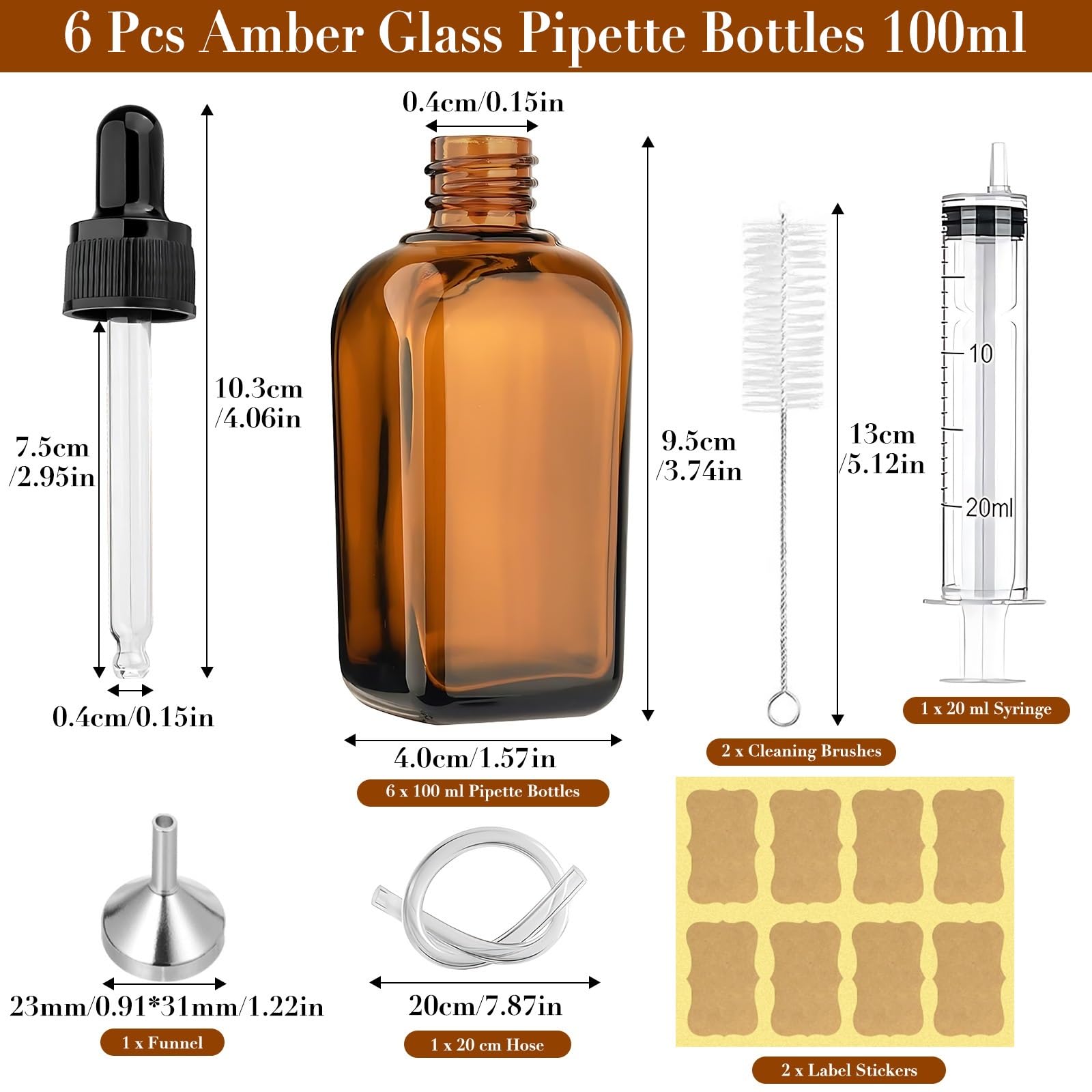 BELICOO Pipetfles, 6 stuks, 30 ml, bruine glazen flessen, bruine