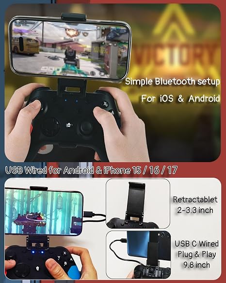Wzuicov Wireless & Wired Gaming Controller, Bluetooth / USB Dual Mode for iPhone, Android, Switch, Switch 2, PC, TV Box, Tesla, Apple Arcade & Android Games Ready, Includes 2 USB-C Cables & Adapter