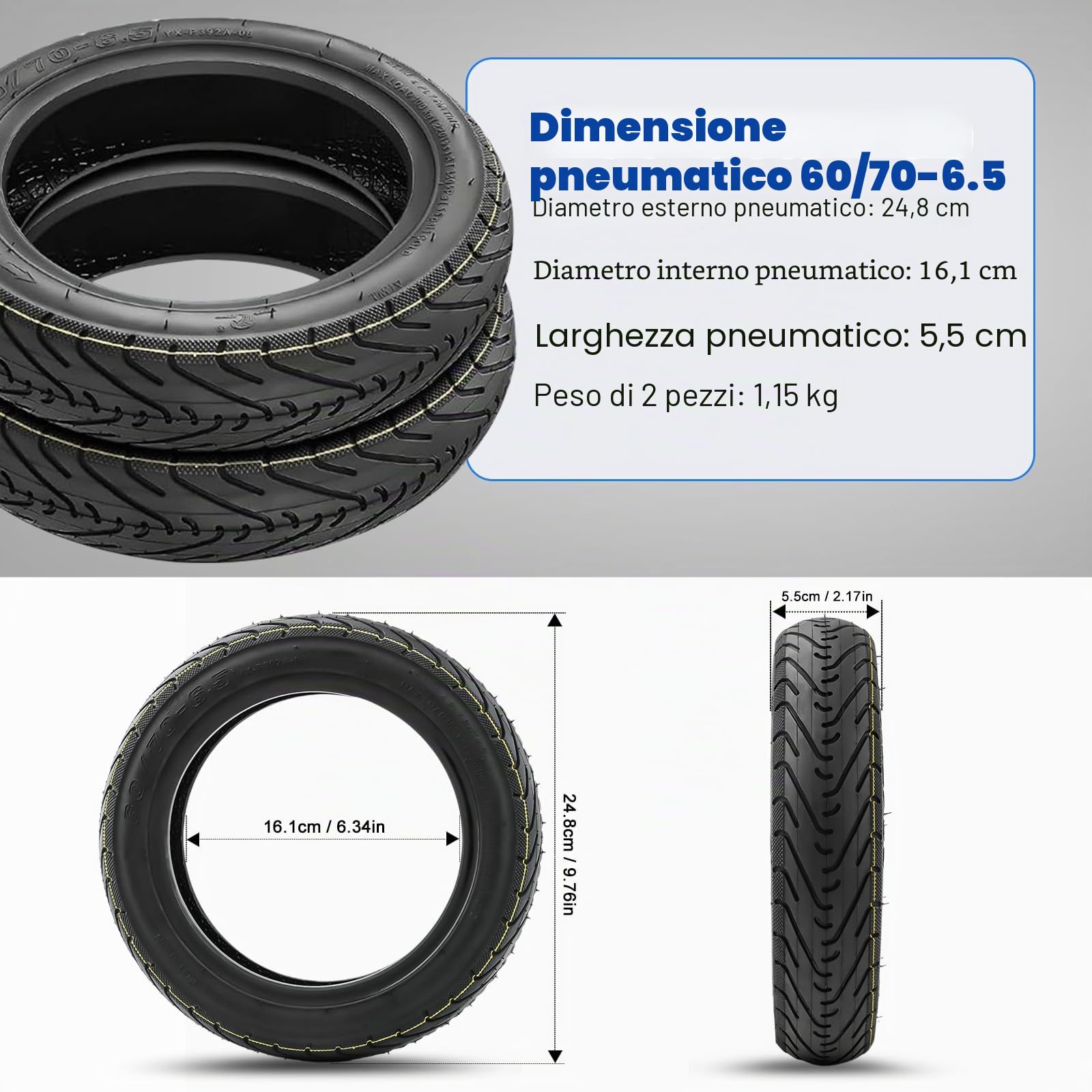 SYACHI 10x2,5Pollici Pneumatico Tubeless+2 Ugelli Diritti Scooter Elettrico Parti, 60/70-6.5 Gomma più Spessa e Più Ampia Tipo Ruote Monopattino, A Prova Di Esplosione