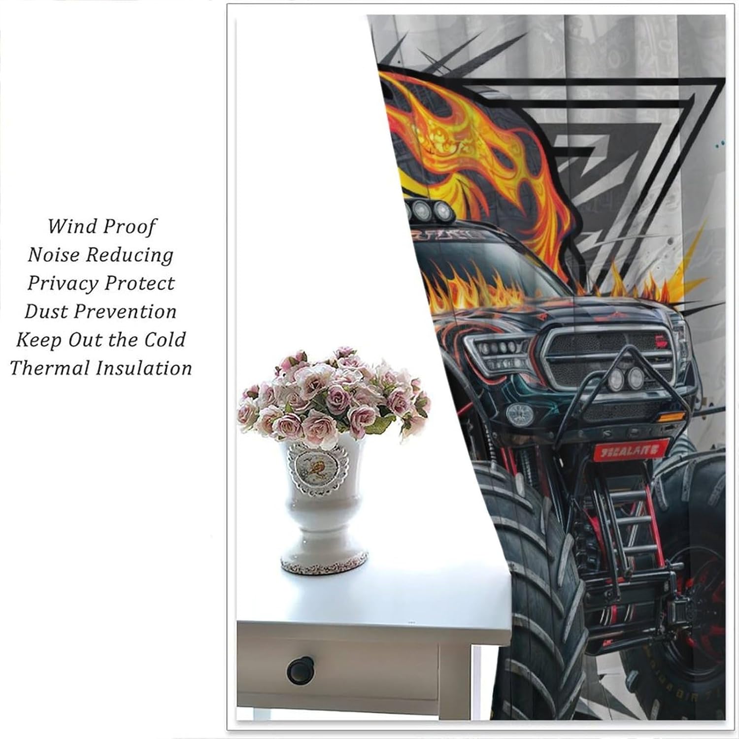 Monster Truck Curtains, Featuring A Flame Pattern Monster Truck Pattern for Kids Boys Girls Room Decor, Print Blackout Drapes for Living Room Bedroom Kitchen 2 Panel Set 21" W X 63" L