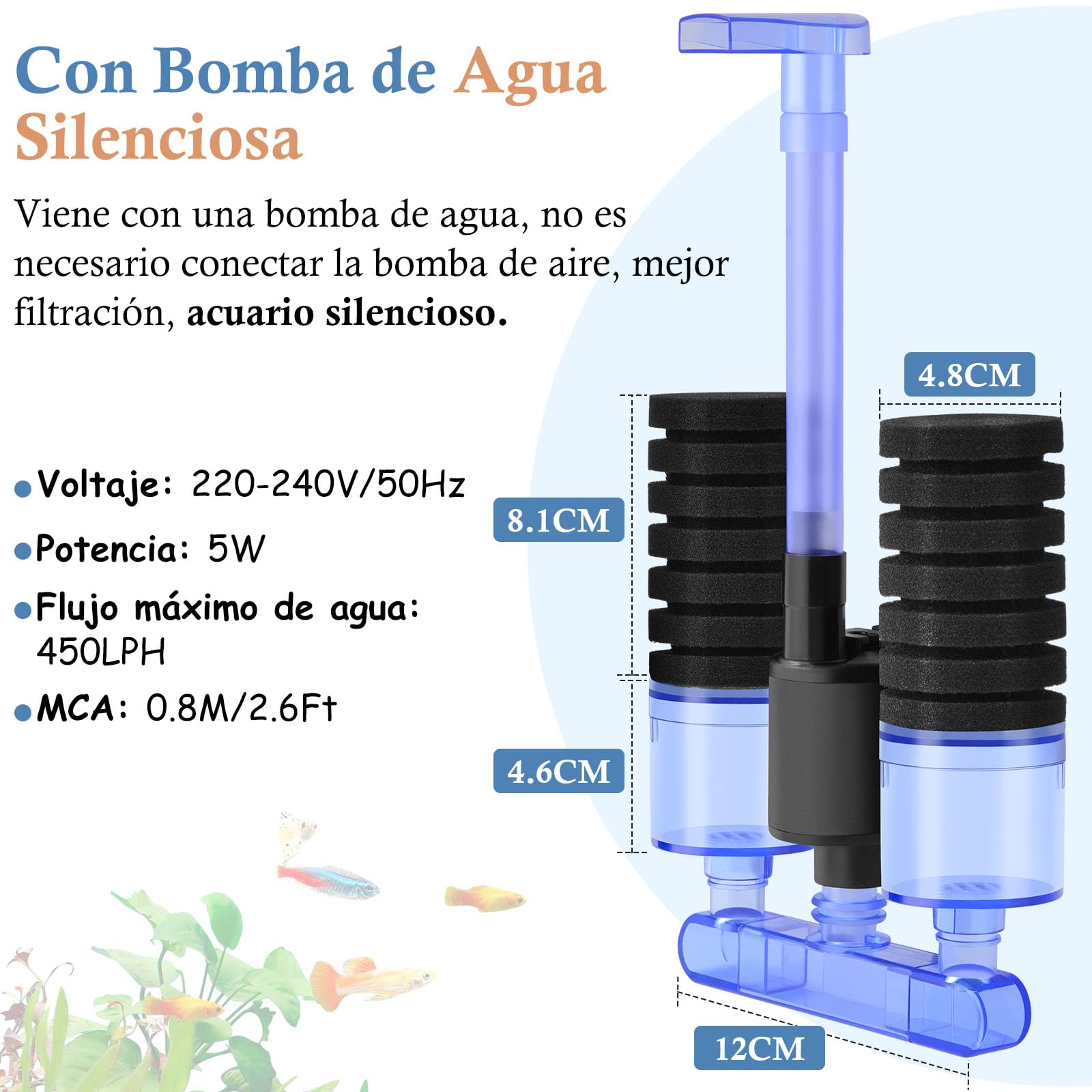 FEDOUR Filtro de Esponja para Acuario con Bomba de Agua, Filtro Acuario Eléctrico Silencioso, Filtro Pecera con 4 Esponjas Filtrantes y Bolas de Cerámica, para Peceras yTortugas y Camarones Hasta 150L