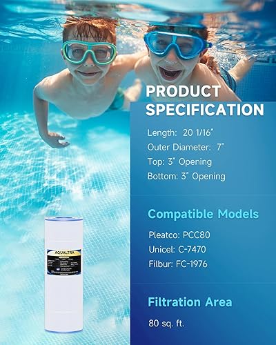 Miniatura 3 de AQUALTRA CCP320 Reemplaza PCC80-PAK4, Ultral-A5, C-7470, R173573, FC-1976, 178580, 817-0081, 80 pies cuadrados Filtro de piscina, 20 116 pulgadas x