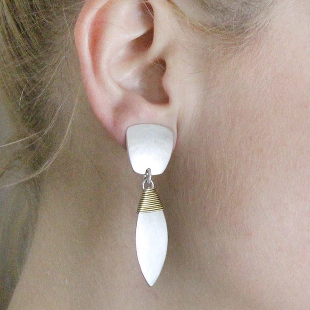 Tapered Square with Wire Wrapped Leaf Clip on Earring in Brass and Silver