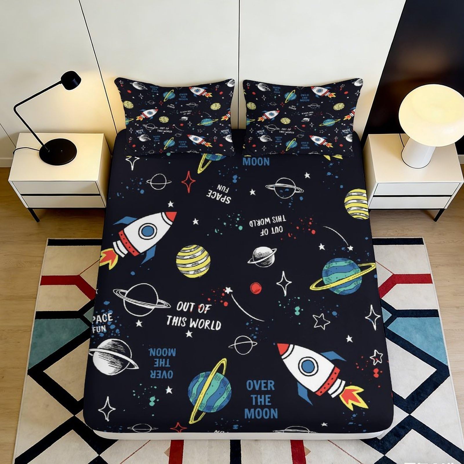 Dhbaneiok Style-7 3D Printed Rocket Planet Fitted Sheet Microfiber Soft Breathable Space Universe Mattress Cover For Bedroom Dorm Mattress Protection Decor 90X200x25cm