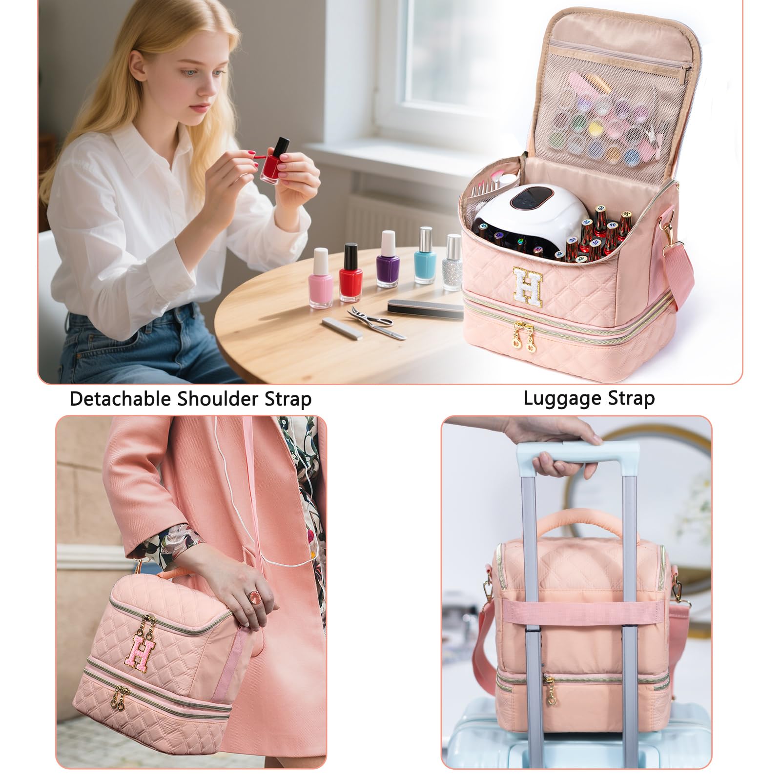 Organizador personalizado de esmalte de uñas con inicial, capacidad para 48 botellas (15 ml), lámpara de uñas y herramientas, bolsa de uñas para organizadores y almacenamiento de uñas, soporte
