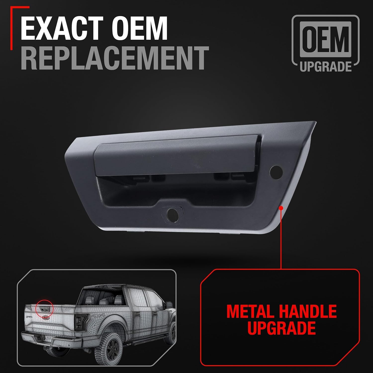 T1A Tailgate Handle Assembly, Upgraded Metal - Compatible with 2015-2018 (Before Model Change) Ford F-150 - Lift Gate Latch - Textured Black W/Camera Hole, LED Hole - OEM FL3Z-9943400-BA, 15709