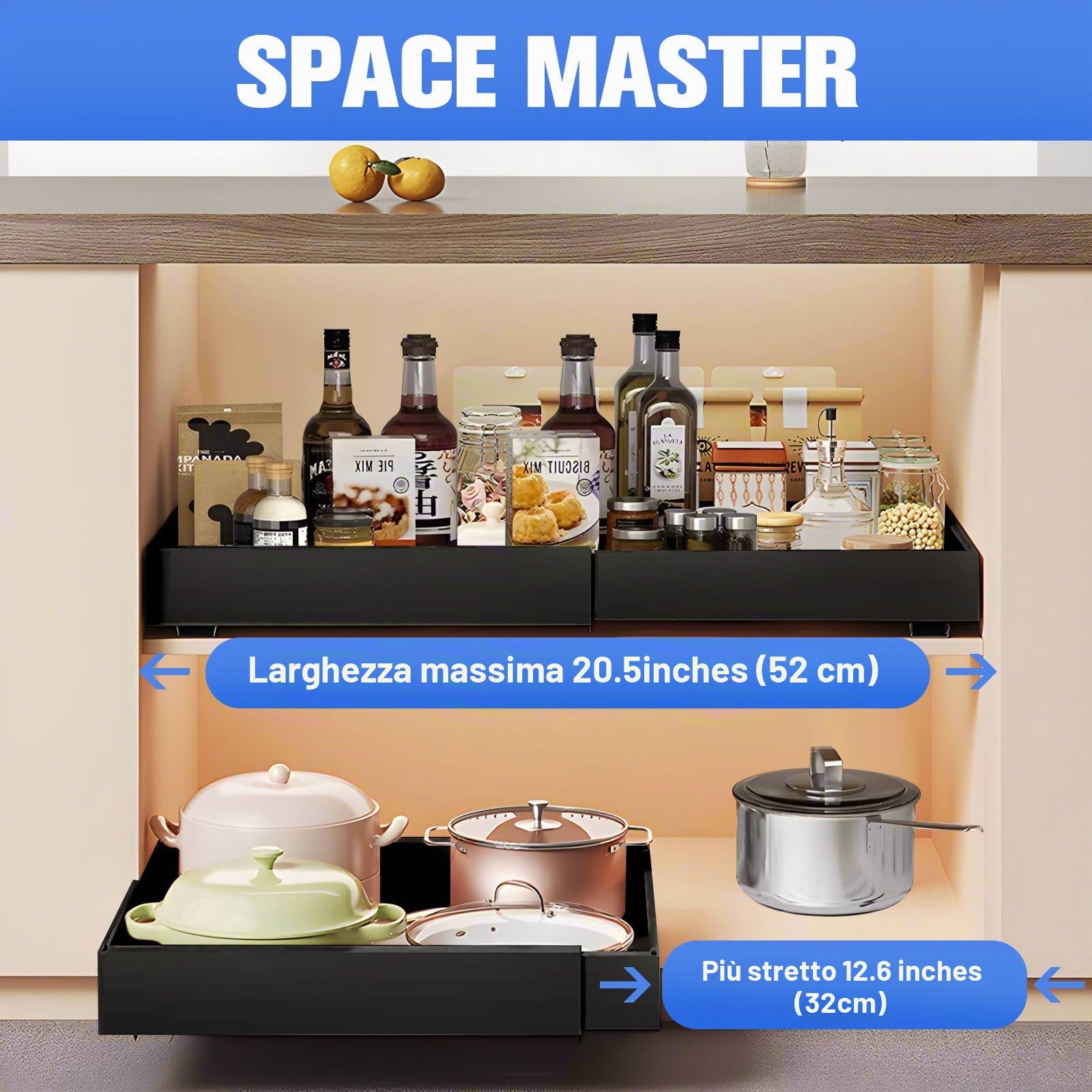Cassetto telescopico, armadietto a scomparsa per la cucina, organizer per cassetti, larghezza regolabile senza fori (32-52 cm), adatto per cucina (nero)