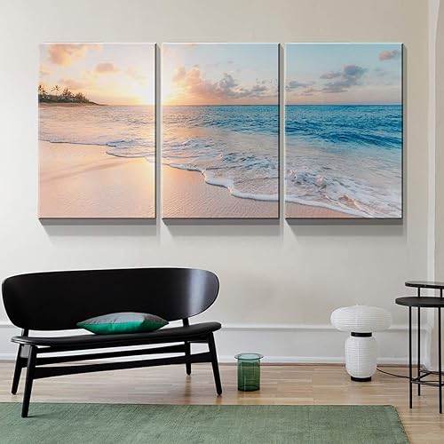 Miniatura 3 de Denozer - Lienzo decorativo de 3 paneles para decoración del hogar, mar azul, puesta de sol y playa, pintura blanca, impresión sobre lienzo, paisaje