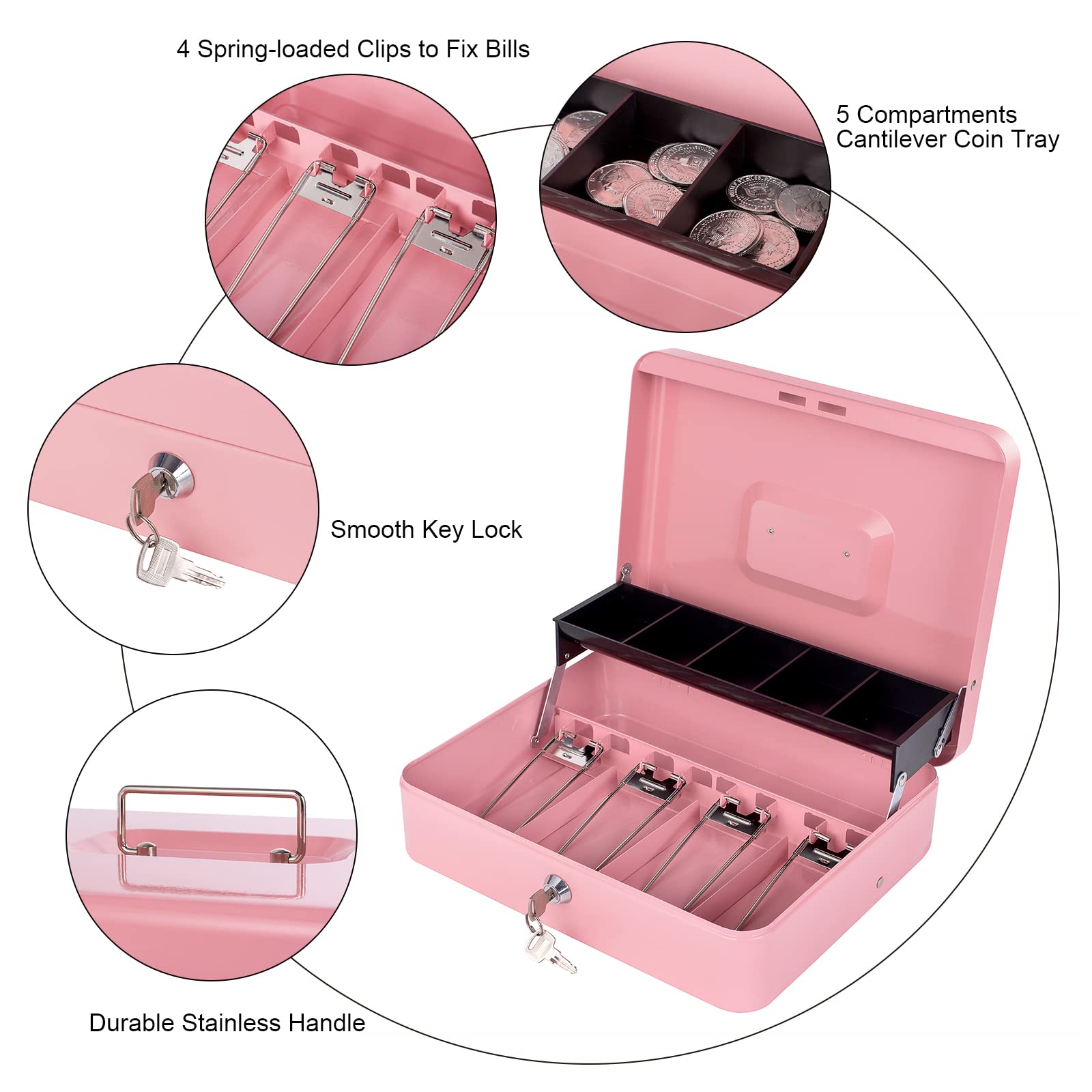 Cash Box with Money Tray and Lock, Metal Money Box for Cash Register, Large  Cash Lock