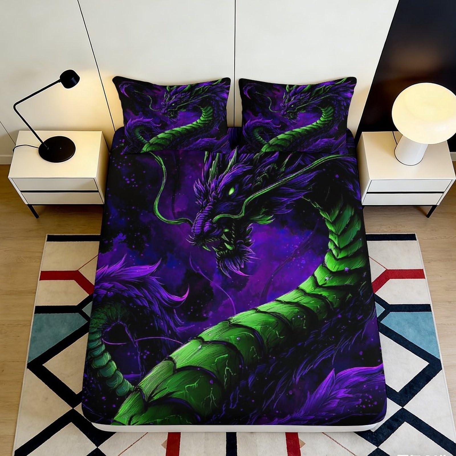 3D Printed Dragon Fitted Sheet Microfiber Deep Pocket Non-Slip Bedroom Bedding for Adults Teens Dragon Mattress Fitted Cover Washable Mattress Protection 140x200x25cm