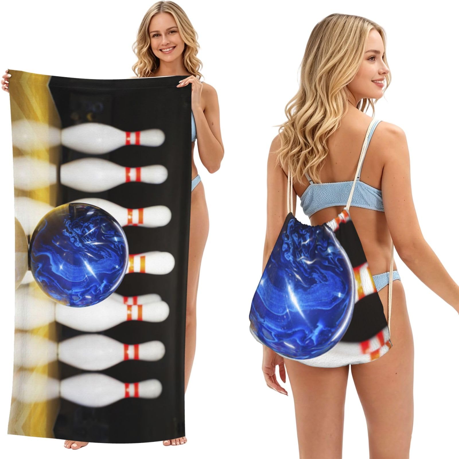 WSHFFILO bowling printed 2 in 1 Packable Towel Bag Bath Towel Beach Towel